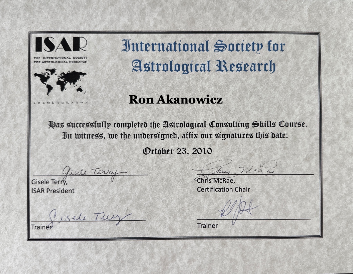 ISAR Astrological Consulting Skills Course certificate